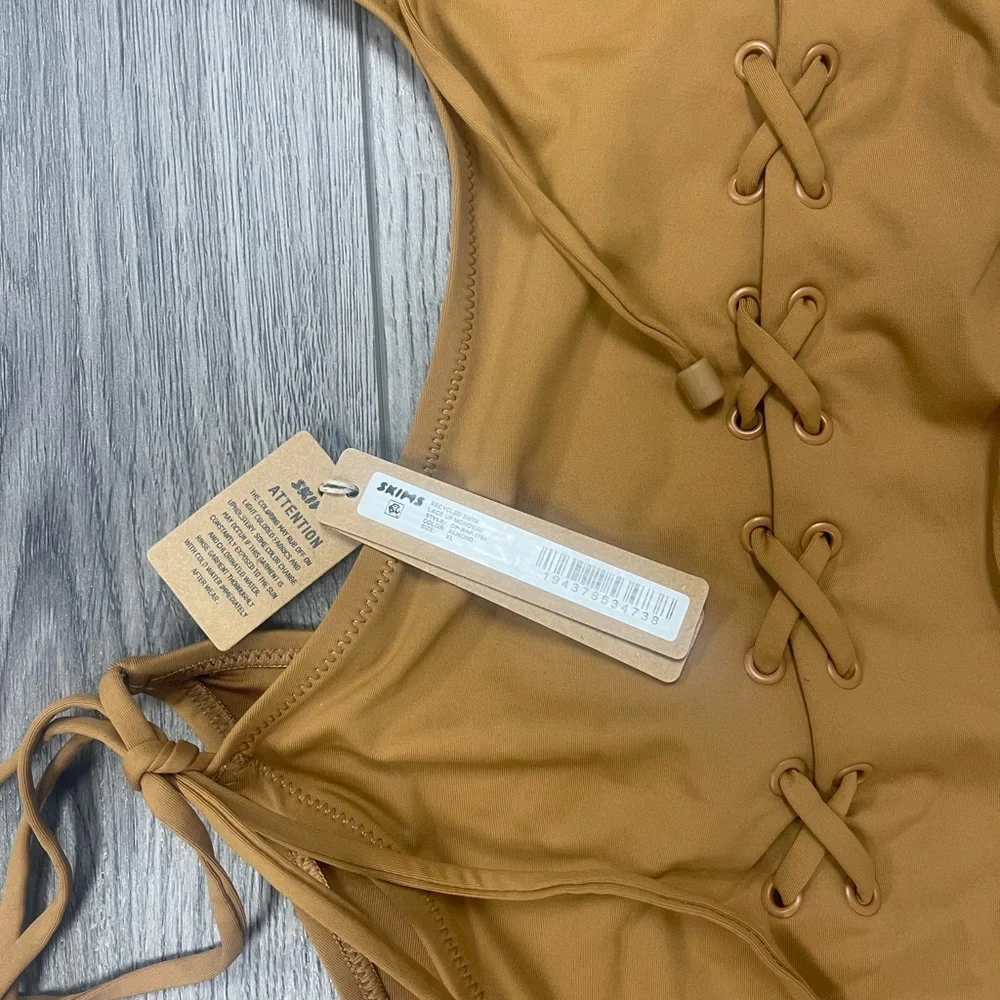 Women’s Tan Lace-Up One-Piece Swimsuit - Halter Tie
